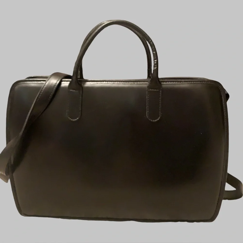 Jack Georges slim black leather briefcase laptop bag with crossbody strap